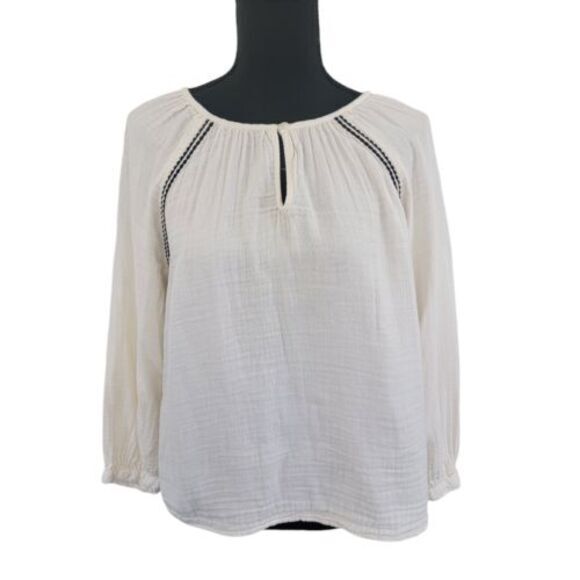 Old Navy‎ Embroidered Stitch Boho Lagenlook Cottage Blouse Cream Longsleeve Top - Picture 1 of 13